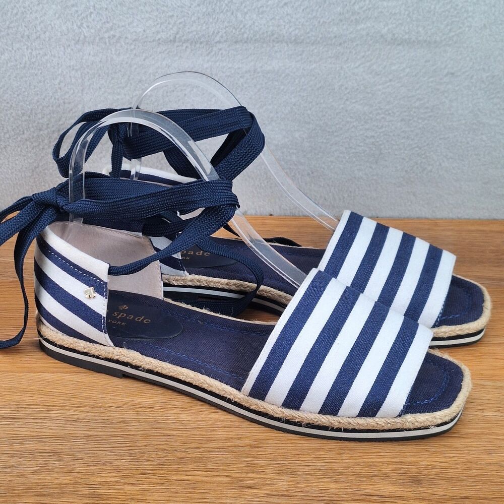 Kate Spade Chandra Espadrille Women's 8 Sandals Navy White Stripe Canvas Lace-Up